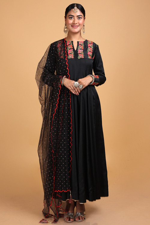 Party Wear Resham Embroidered Eid Anarkali Suit in Satin Black
