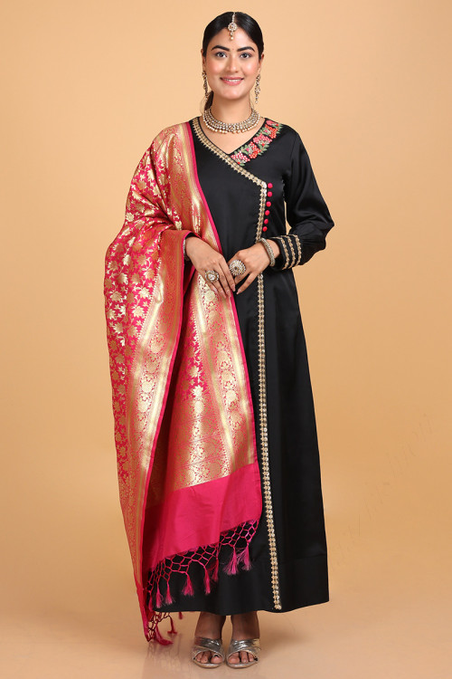 Black Satin Anarkali Suit for Eid Wear with Resham embroidery