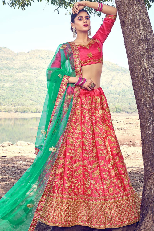Embroidered Satin Carrot Pink Lehenga