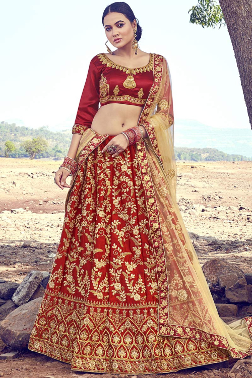 Embroidered Satin Deep Red Lehenga
