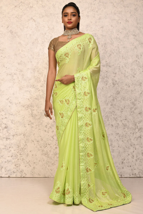 Embroidered Satin Pear Green Saree