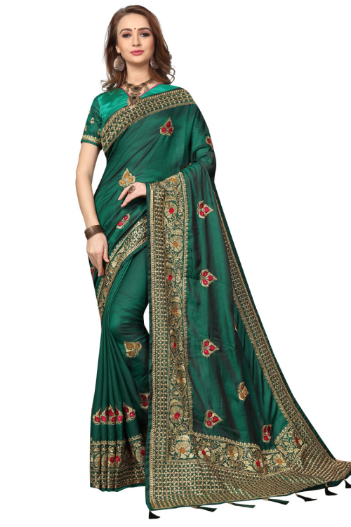 Embroidered Satin Silk Teal Green Saree