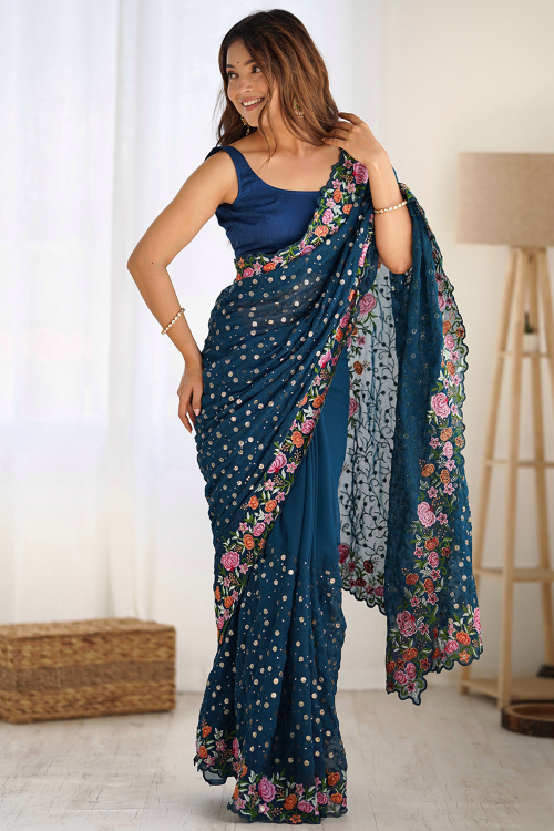 Embroidered Sea Blue Georgette Festival Wear Saree 