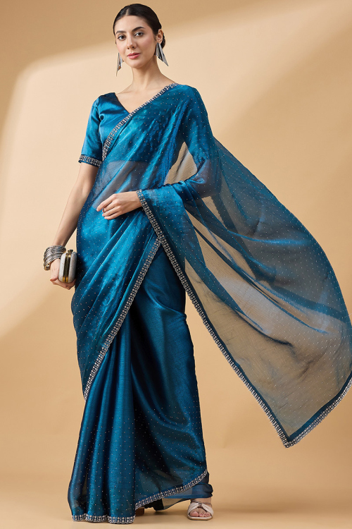 Embroidered Sea Blue Light Weight Chinnon Chiffon Saree