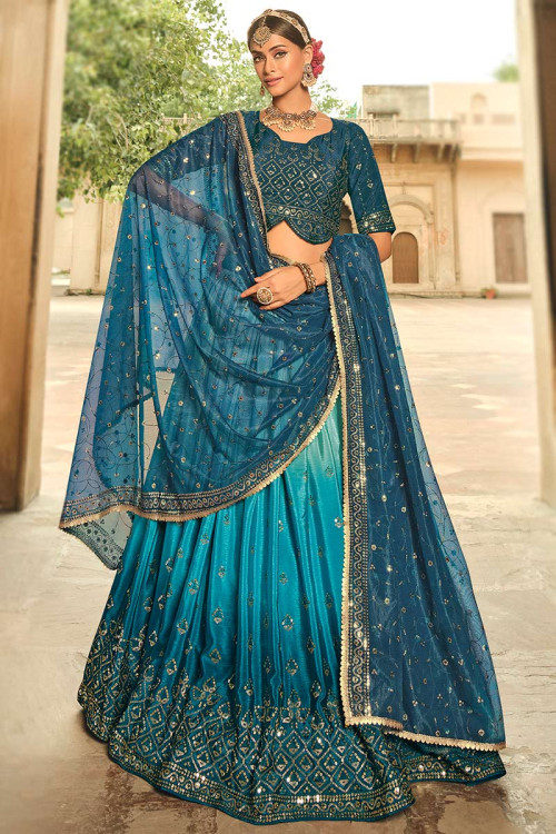 Embroidered Silk Blue Ombre Lehenga