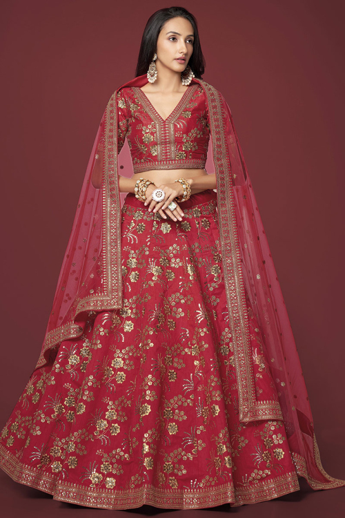 Embroidered Silk Brick Red Lehenga Choli For Sangeet 
