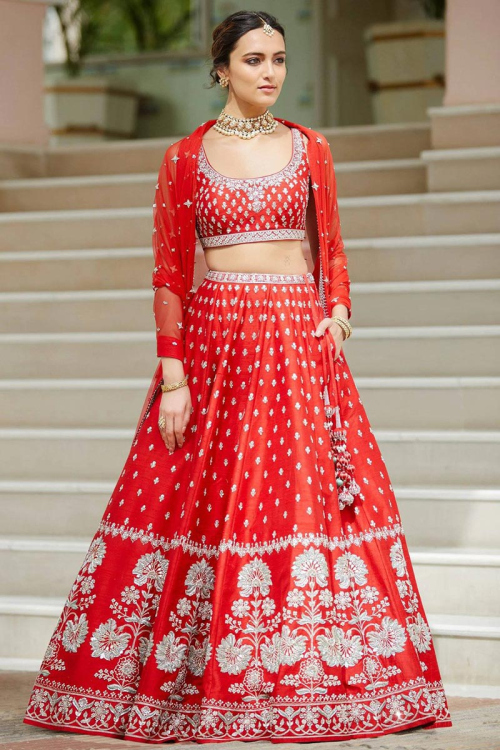 Embroidered Silk Bridal Lehenga Choli In Red Colour