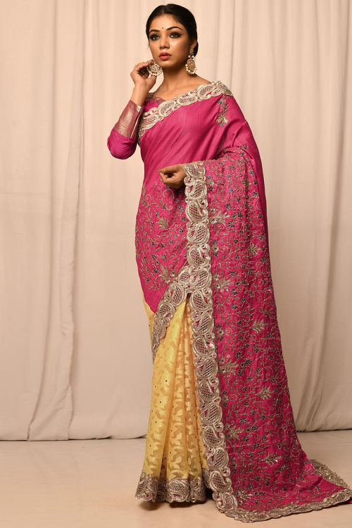 Embroidered Silk Cerise Pink And Yellow Saree