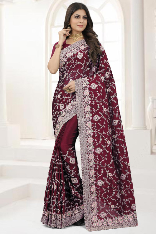 Woven Saree in Silk Dark Maroon for Party 