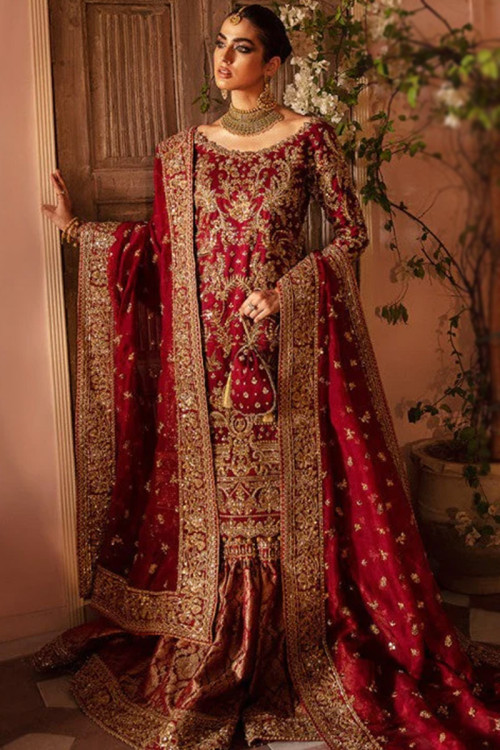 Embroidered Silk Deep Red Sharara Suit