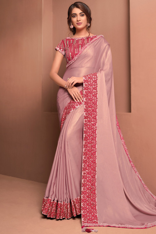 Saree for Party Wear in Silk Dusty Pink with Patch embroidery