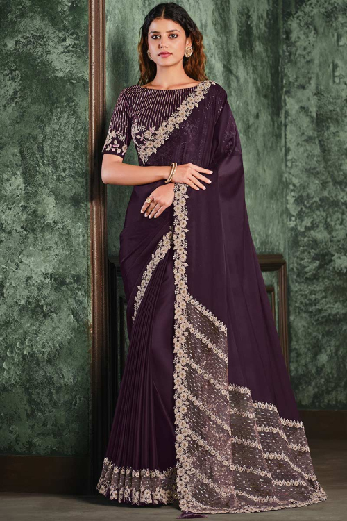 Embroidered Silk Georgette Dark Purple Saree