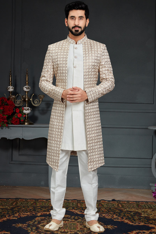 Embroidered Silk Light Beige Men Sherwani