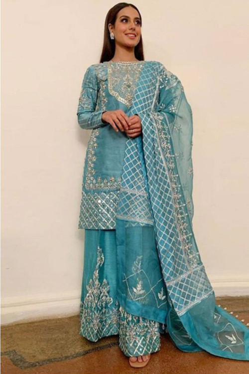 Embroidered Silk Light Blue Palazzo Suit for Eid