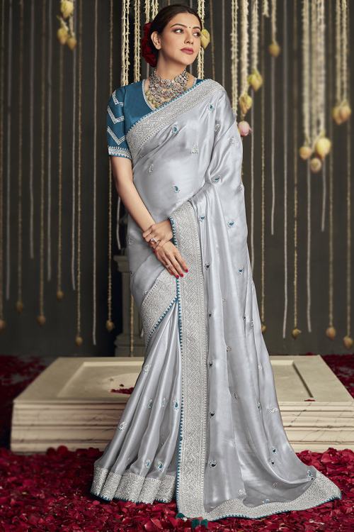 Light Grey Wedding Wear Resham Embroidered Saree in Silk
