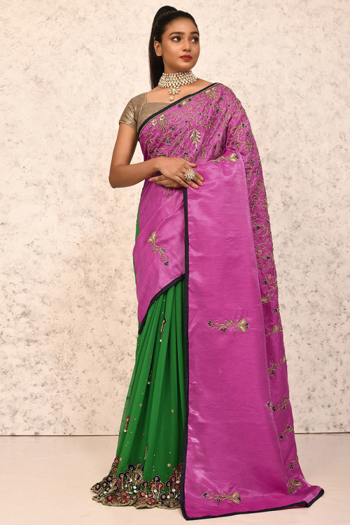 Embroidered Silk Magenta Pink And Green Saree