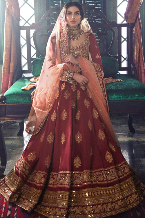 A Line Anarkali Suit in Silk Maroon for Party 