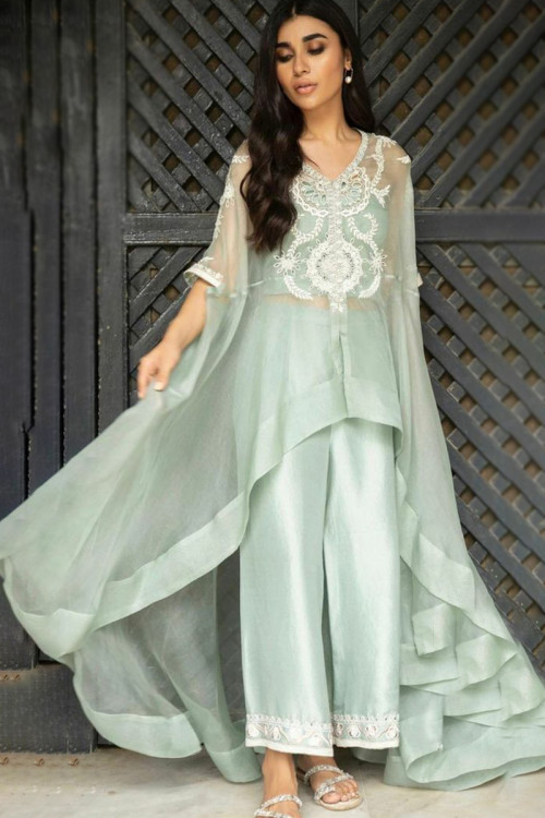 Embroidered Silk Mint Green Jacket Style Suit