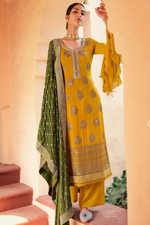 Embroidered Silk Mustard Yellow Palazzo Suit For Haldi