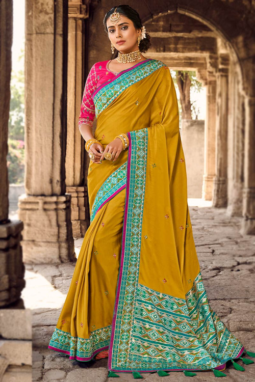 Embroidered Silk Mustard Yellow Saree