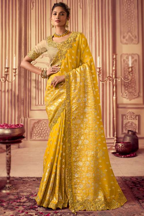 Mustard Yellow Embroidered Saree