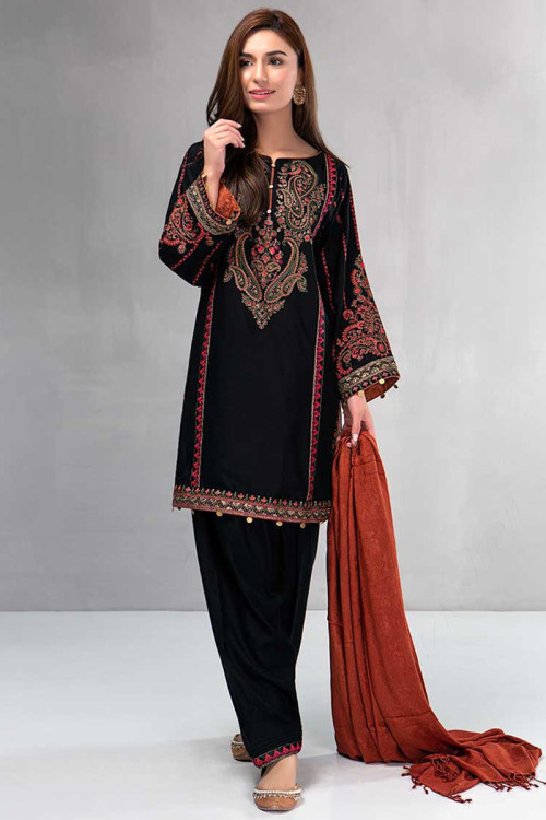 Embroidered Velvet Pakistani Eid Salwar Suit In Black Color