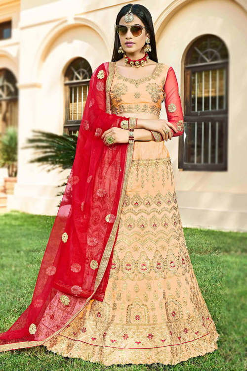 Embroidered Silk Peach Lehenga