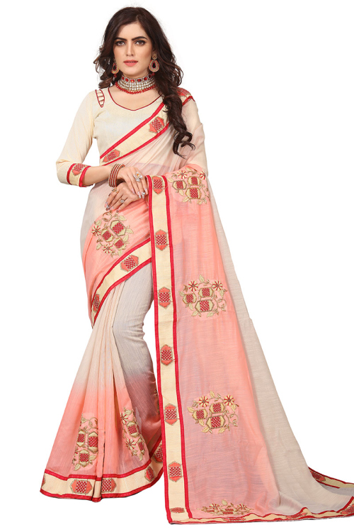Embroidered Silk Peach Saree