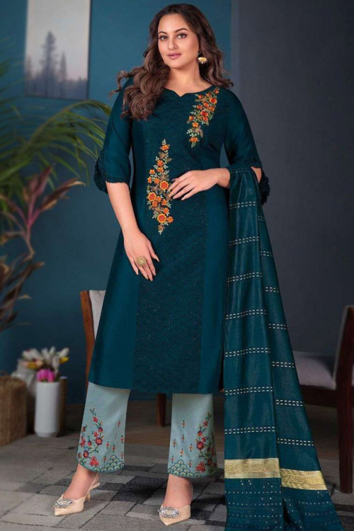 Silk Trouser Suit with Cutdana Work in Peacock Blue for Party 