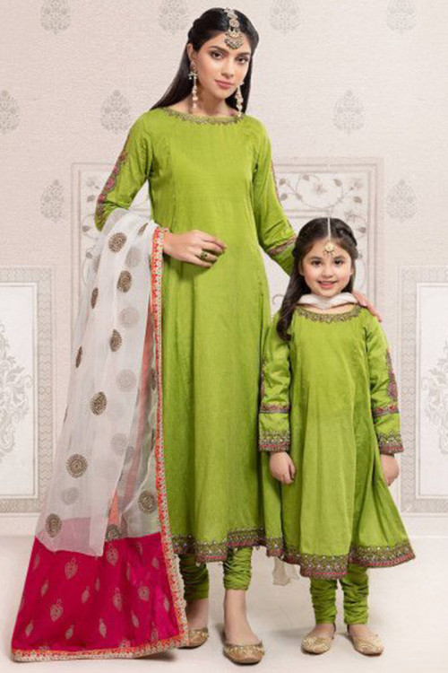 Embroidered Silk Pear Green Mother Daughter Duo Churidar Suit