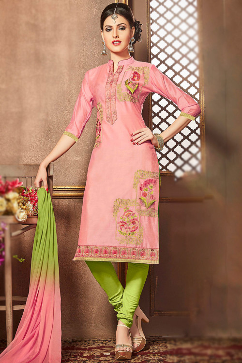 Pink Embroidered Chanderi Cotton Churidar Salwar Kameez