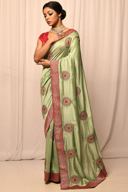 Pistachio Green Silk Woven Saree with Stone embroidery