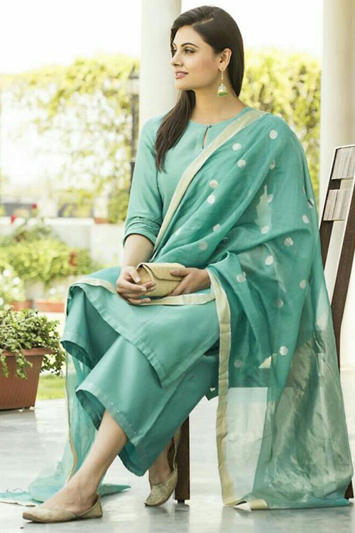 Embroidered Silk Sage Green Eid Palazzo Suit