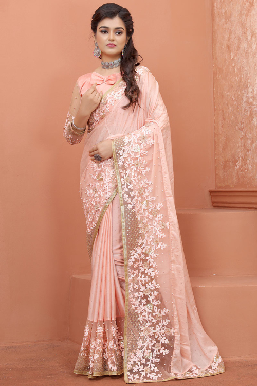 Salmon Peach Silk Woven Saree with Stone embroidery