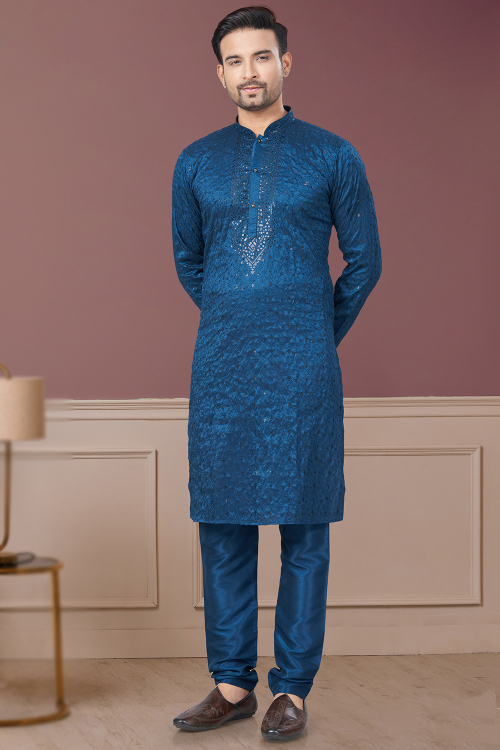 Embroidered Silk Sea Blue Straight Cut Men's Kurta With Churidar 