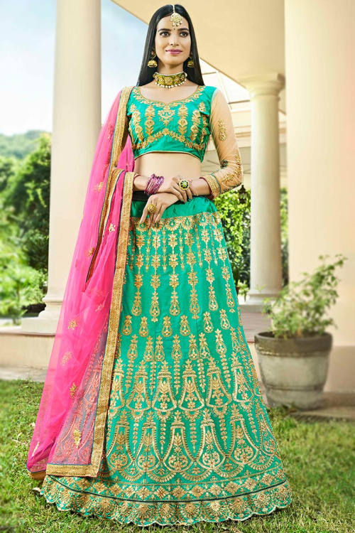 Embroidered Silk Sea Green Lehenga