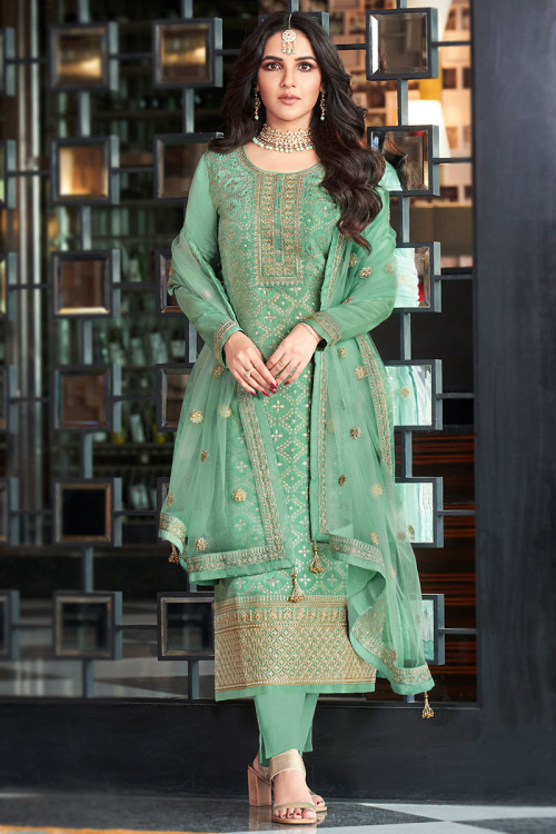 Embroidered Silk Seafoam Green Trouser Suit