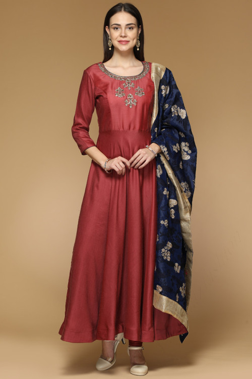 Embroidered Silk Rich Rouge Red Anarkali Suit
