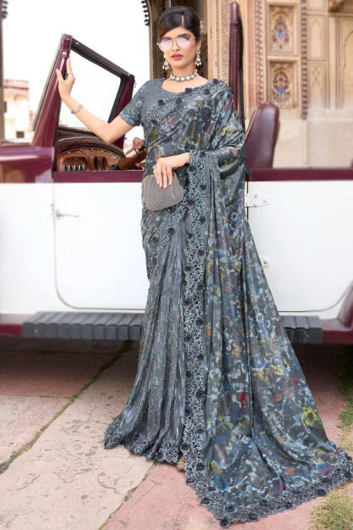 Embroidered Soft Silk and Net Dark Grey Saree