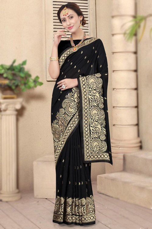 Black Embroidered Boat Neck Blouse N Modal Saree Festive Wear
