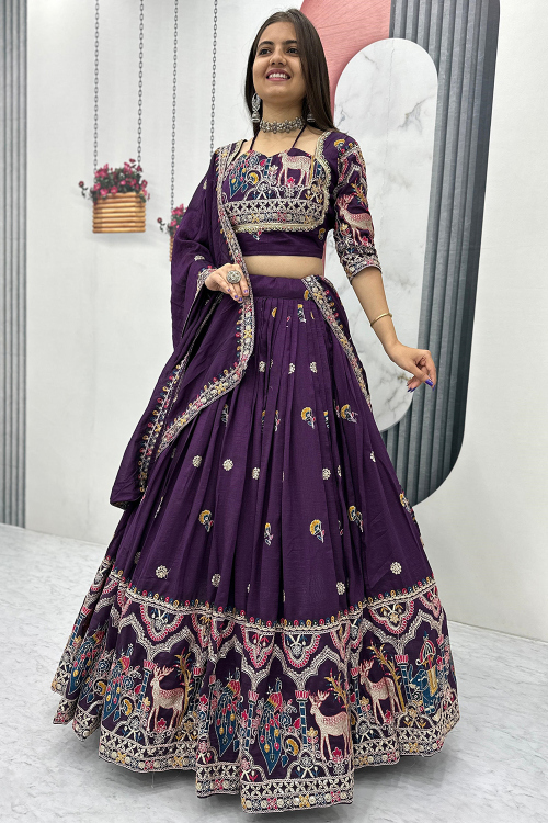 Embroidered Soft Silk Dark Purple Flared Style Lehenga
