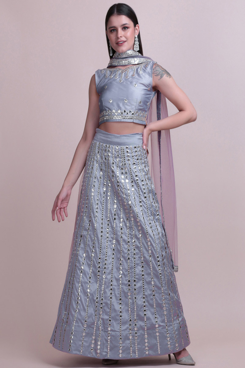 Embroidered Taffeta Silk Bluish Grey Lehenga