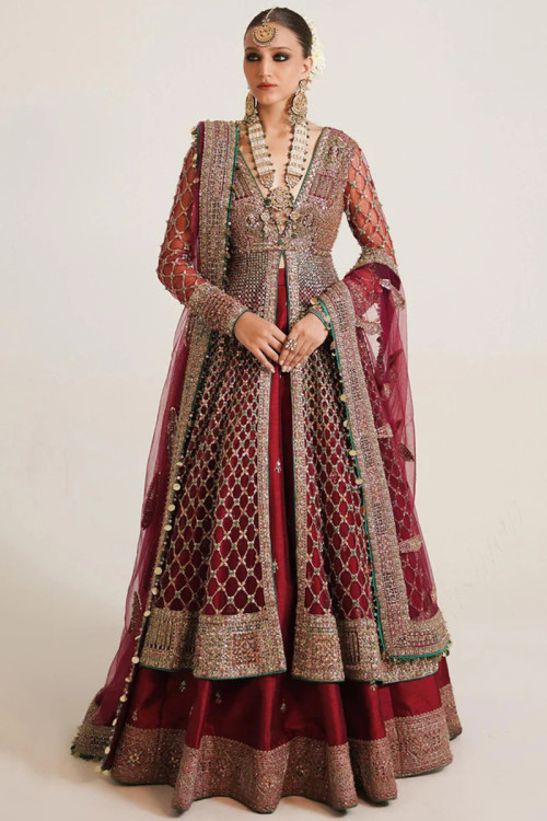 Pakistani Maroon Bridal Lehenga with Open Jacket Shirt Dress – Nameera by  Farooq