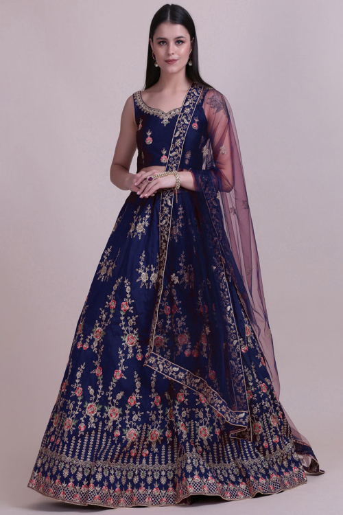Embroidered Taffeta Silk Navy Blue Lehenga