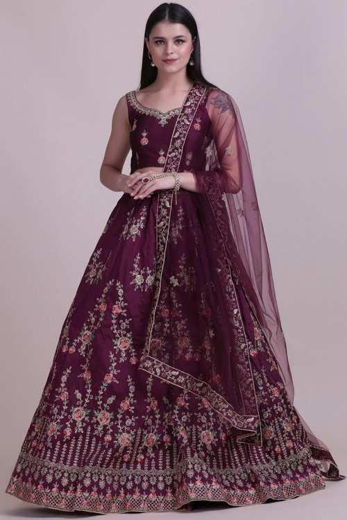 Embroidered Taffeta Silk Plum Purple Lehenga