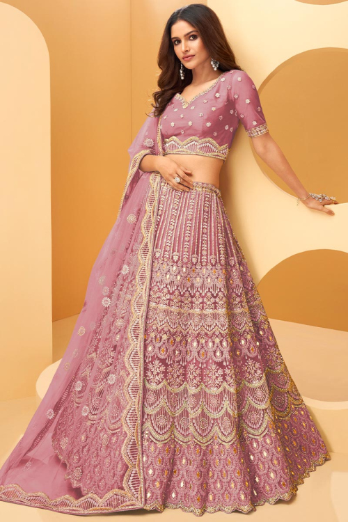Embroidered Thulian Pink Net Fancy Lehenga