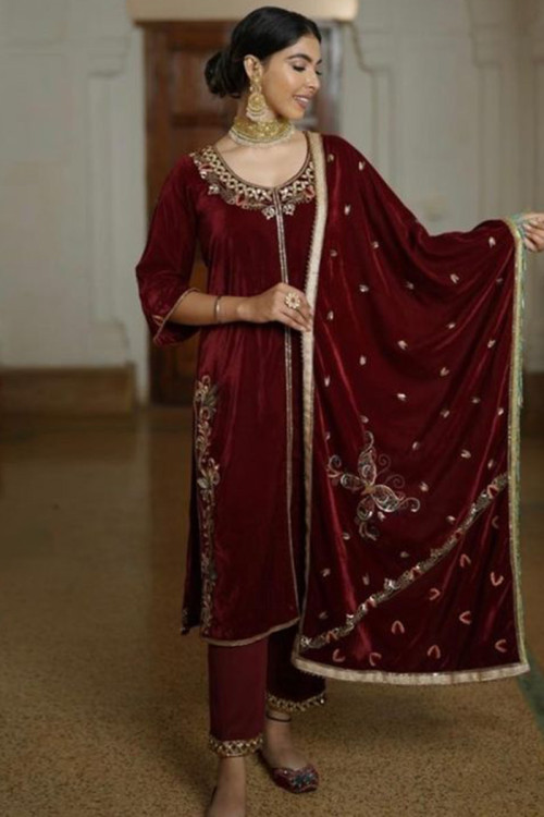 Embroidered Velvet Maroon Party Wear Trouser Suit