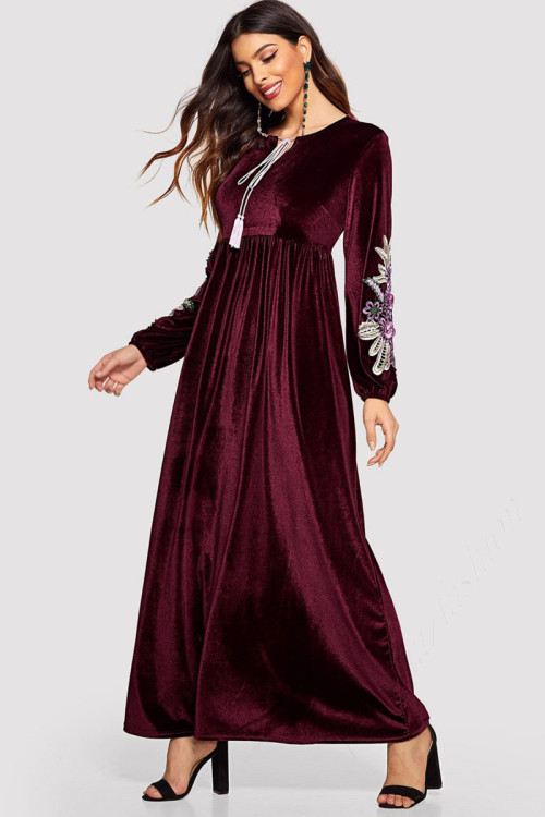 Embroidered Velvet Modest Gown In Brick Red Colour