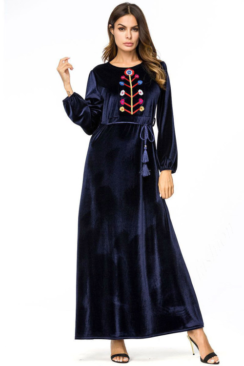 Embroidered Velvet Modest Gown In Dark Navy Blue Colour