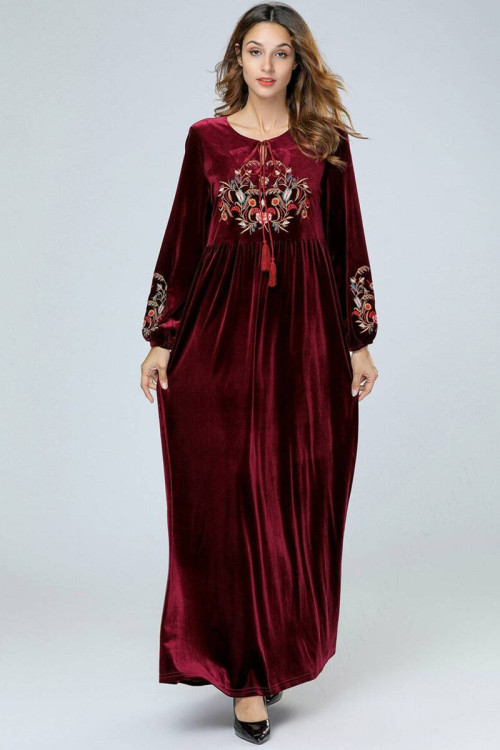 Embroidered Velvet Modest Gown In Maroon Colour